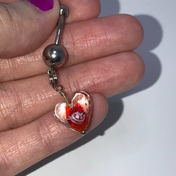 Red Lamp work Glass Heart Dangle Belly Rings - Picture 3 of 9